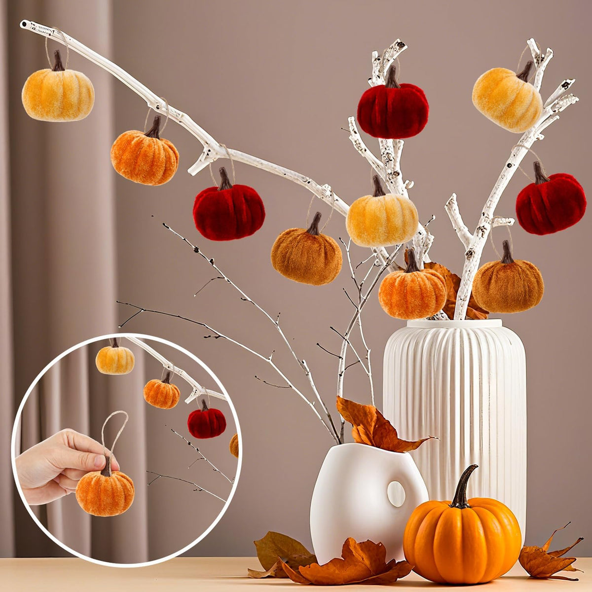 Halloscume 20 Pcs Pumpkin Ornament, Red, Dark Yellow, Light Yellow, Brown