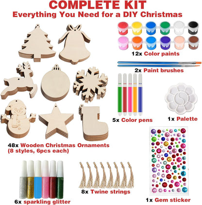 Christmas Ornaments Craft Kit, 48 Pcs Blank Wood Slices for Painting with Paint Pens and Brushes, DIY Wooden Christmas Ornament Set for Tree Decorations, Family Holiday Activities and Gifts