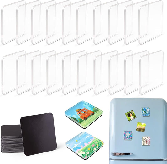 20 Pcs DIY Fridge Magnet Kit - Square Clear Acrylic Magnetic Set with Adhesive Backing for Photo,Crafts,Office,Classroom,Cabinets,Kitchen,2 Inch