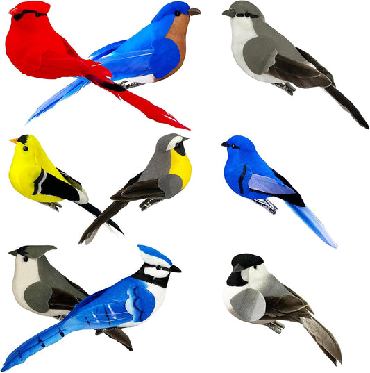 Artificial Birds Ornaments Fake Birds Clip on Christmas Tree Decoration 9pcs Assorted Realistic Red Blue Feathered Song Bird Figurines for Wreath Craft