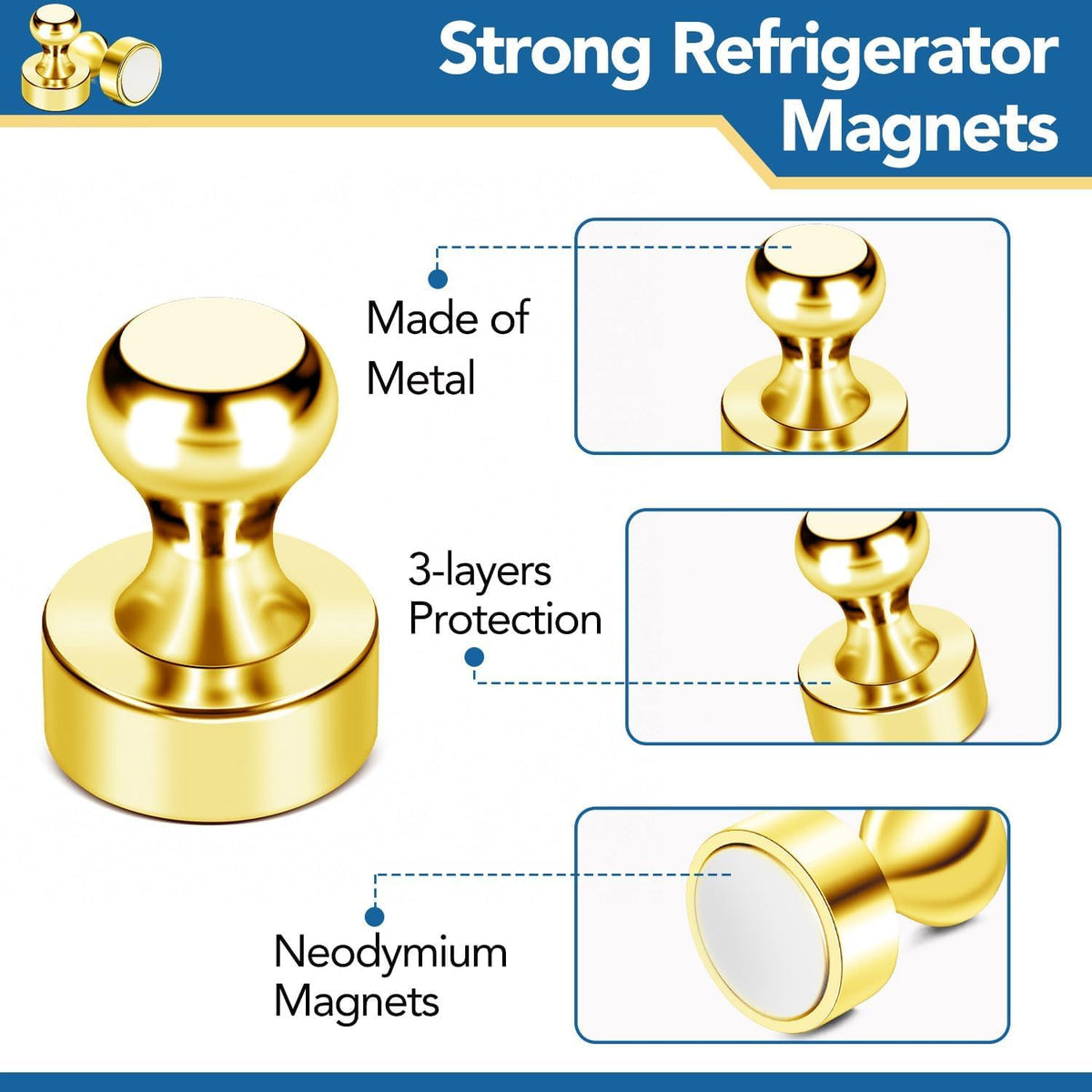 LOVIMAG Fridge Magnets 20 Pack Magnet Refrigerator Locker Whiteboard Gold