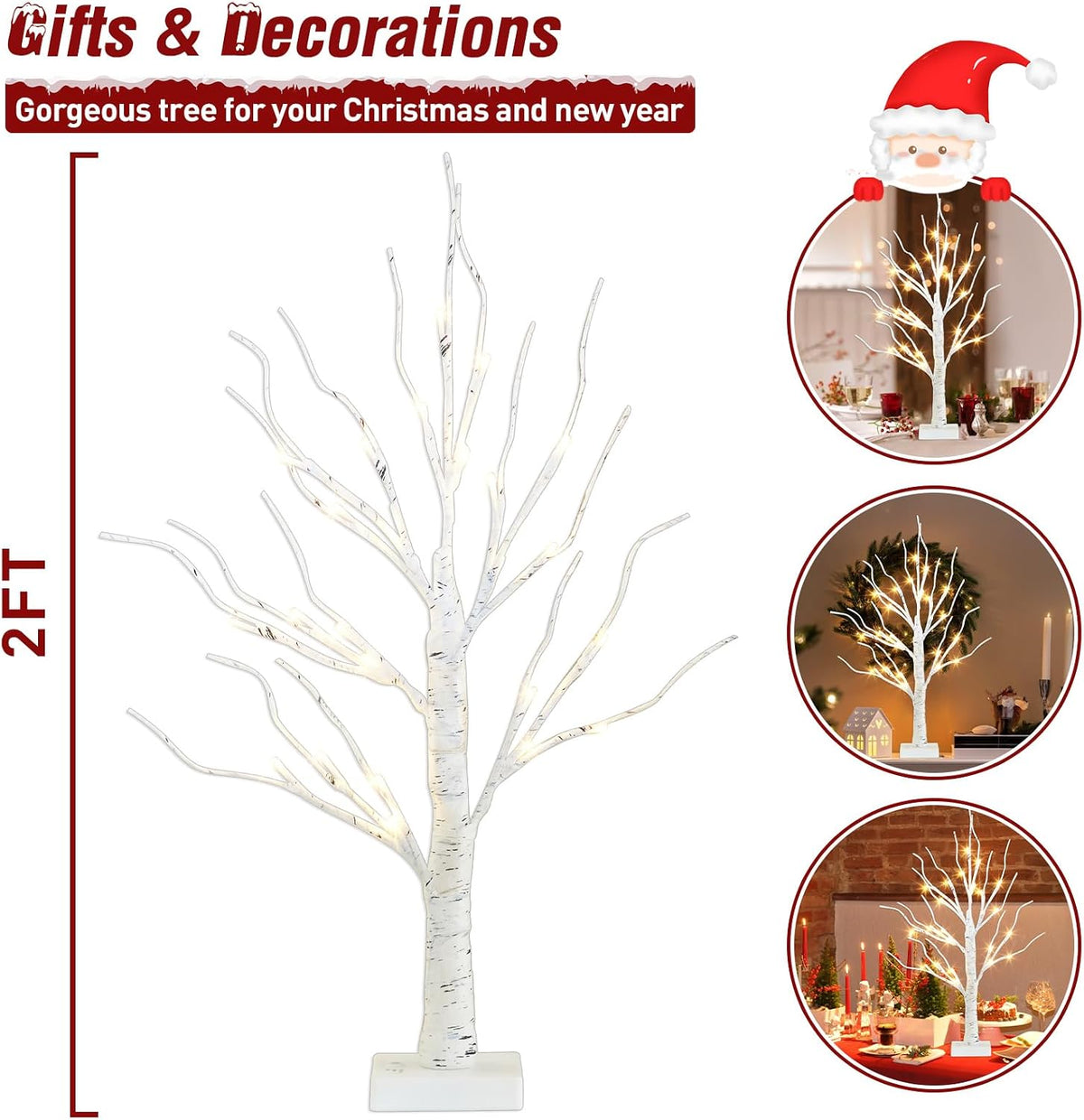 PEIDUO Artificial Tree for Christmas Decorations, 2FT Birch Tree with LED Lights, Warm White Fairy Lights Spirit Tree Lamp for Home Indoor Tabletop Centerpiece, Battery Powered, Timer