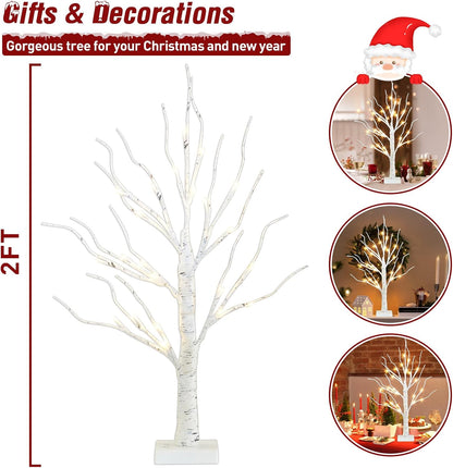 PEIDUO Artificial Tree for Christmas Decorations, 2FT Birch Tree with LED Lights, Warm White Fairy Lights Spirit Tree Lamp for Home Indoor Tabletop Centerpiece, Battery Powered, Timer