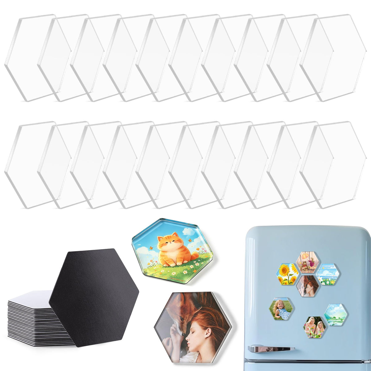 20 Pcs DIY Fridge Magnet Kit - Square Clear Acrylic Magnetic Set with Adhesive Backing for Photo,Crafts,Office,Classroom,Cabinets,Kitchen,2 Inch