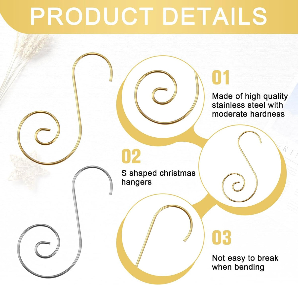 80 Pcs Christmas Ornament Hooks, Stainless Steel S Hooks for Holding Christmas Balls - Gold and Silver