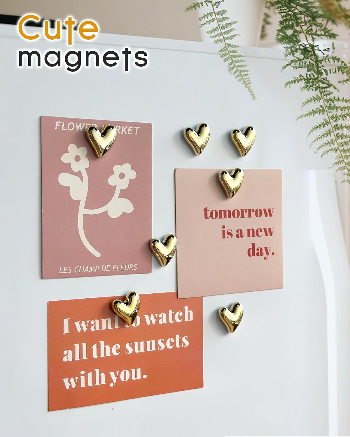 18 Pcs Cute Heart Decorative Magnets，Gold Fridge Magnets，Home Kitchen Magnets Set Decorative for Office Whiteboards (18 Pcs - Gold)