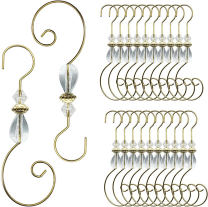 Furimuk 20 Pcs Christmas Ornament Hooks Beaded Hangers with Clear Acrylic Wire Gold S-Shaped Hangers Hook Swirl Hanger Metal Hooks with Crystal Beaded for Crafts Xmas Tree Decoration