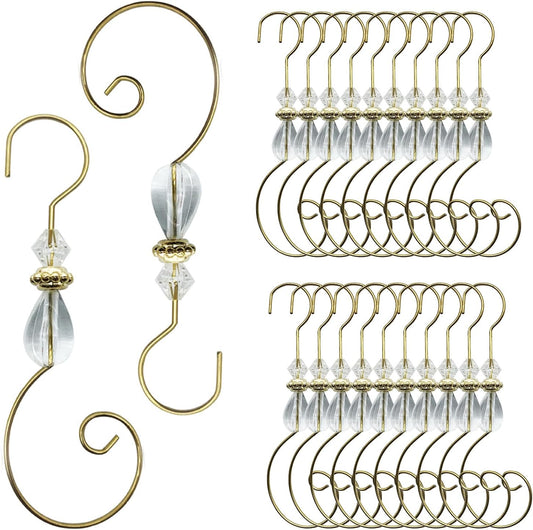 Furimuk 20 Pcs Christmas Ornament Hooks Beaded Hangers with Clear Acrylic Wire Gold S-Shaped Hangers Hook Swirl Hanger Metal Hooks with Crystal Beaded for Crafts Xmas Tree Decoration