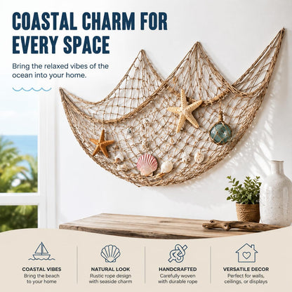 2 Pack Fish Net Decorations for Party, Natural Cotton Hawaiian Table Runner Party Fishing Net Decorative, Nautical Themed Cotton Fishnet Under The Sea Pirate Ocean Beach Decor