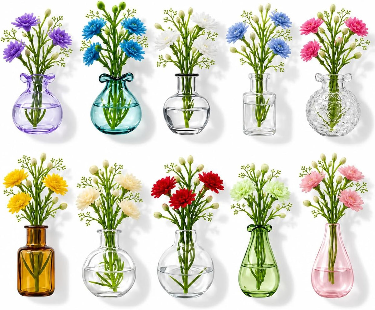 Mini Vase Magnets for Fridge, 10pack Cute Tiny Magnetic Glass Vases Refrigerator Accessories, Real Flowers Pot Magnet, Funny Aesthetic Plant Pot Locker Office Kitchen Decoration, Small Magnet Bud