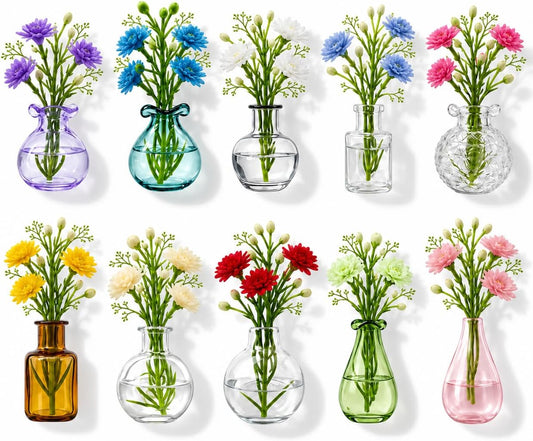 Mini Vase Magnets for Fridge, 10pack Cute Tiny Magnetic Glass Vases Refrigerator Accessories, Real Flowers Pot Magnet, Funny Aesthetic Plant Pot Locker Office Kitchen Decoration, Small Magnet Bud