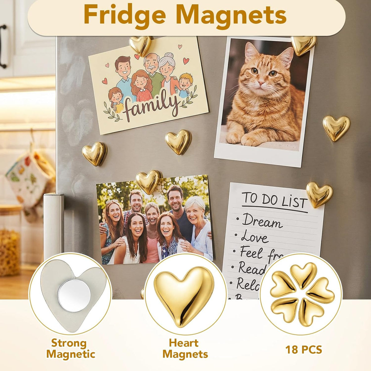 18 Pcs Heart Fridge Magnets for Refrigerator Locker Whiteboard Decor, Gold