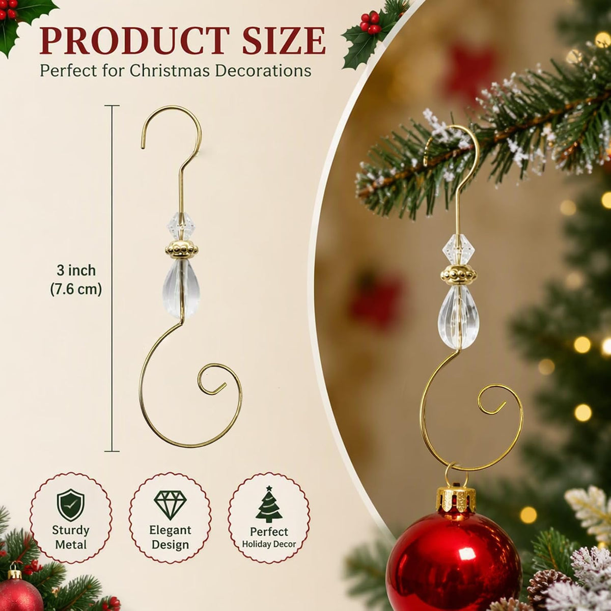 Furimuk 20 Pcs Christmas Ornament Hooks Beaded Hangers with Clear Acrylic Wire Gold S-Shaped Hangers Hook Swirl Hanger Metal Hooks with Crystal Beaded for Crafts Xmas Tree Decoration