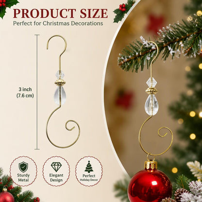 Furimuk 20 Pcs Christmas Ornament Hooks Beaded Hangers with Clear Acrylic Wire Gold S-Shaped Hangers Hook Swirl Hanger Metal Hooks with Crystal Beaded for Crafts Xmas Tree Decoration