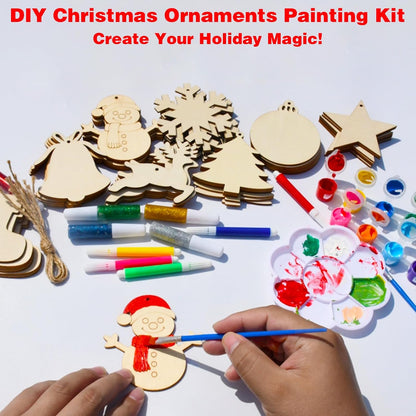 Christmas Ornaments Craft Kit, 48 Pcs Blank Wood Slices for Painting with Paint Pens and Brushes, DIY Wooden Christmas Ornament Set for Tree Decorations, Family Holiday Activities and Gifts