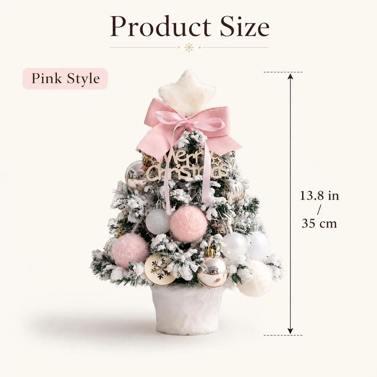 Pre‑Decorated Pink Flocked Tabletop Mini Christmas Tree with LED Lights, Bow, Baubles & Ornaments, Small Artificial Snowy Christmas Tree, 13.8in (35cm) /17.7in (45cm), for Tabletop, Desk, Home Holiday Party Decoration