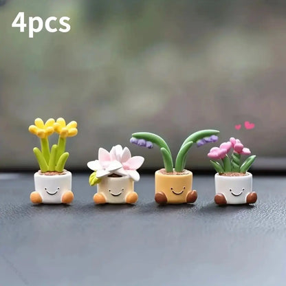 4-Pack Textured Mini Decorative Flower Pot Ornaments Set - Artificial Plants, Synthetic Romantic Graphic Polka Dot Decor, Fashion Accessory for Car Dashboard & Desktop (Home Office Use), Animals