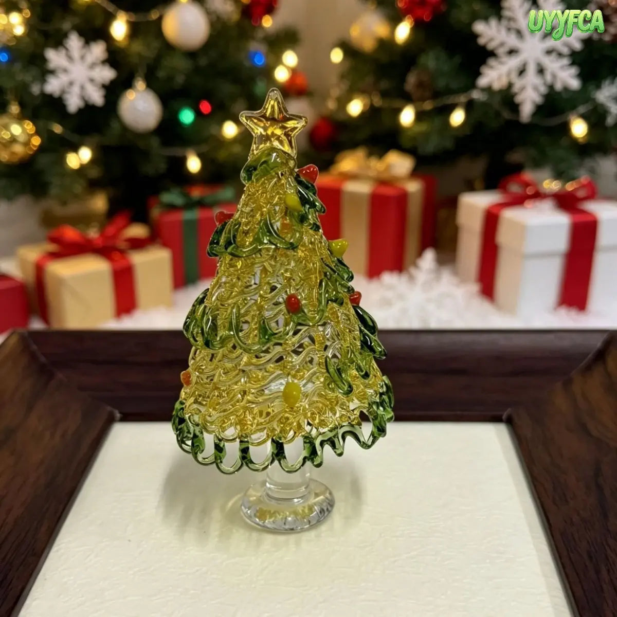 Mini Handmade Glass Christmas Tree Figurine, Blown Glass Seasonal Ornament With Golden Star Top, Cute Tabletop Holiday Sculpture For Home Office Decor, Unique Xmas Gift And Festive Collectible Craft For Family