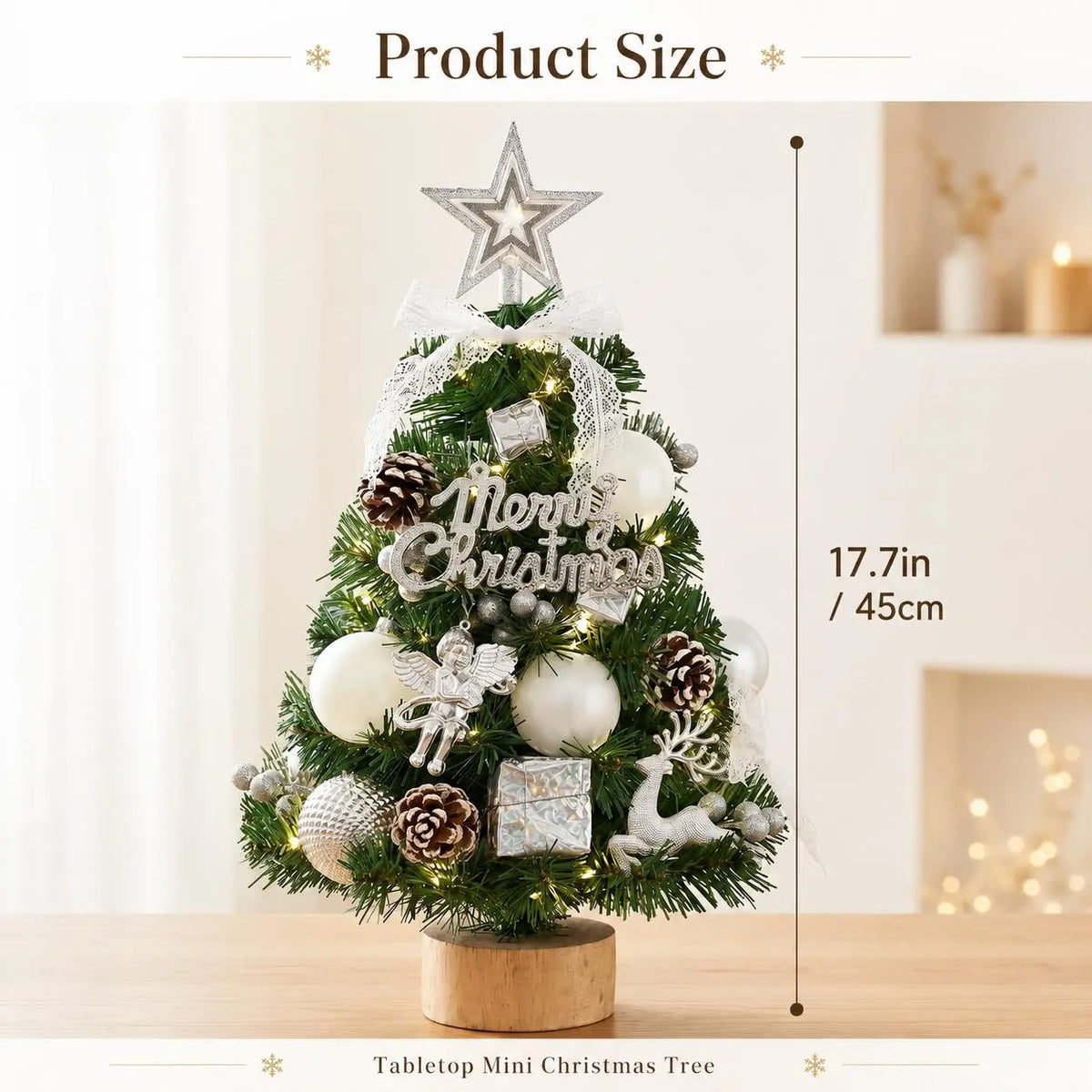 Pre‑Decorated Pink Flocked Tabletop Mini Christmas Tree with LED Lights, Bow, Baubles & Ornaments, Small Artificial Snowy Christmas Tree, 13.8in (35cm) /17.7in (45cm), for Tabletop, Desk, Home Holiday Party Decoration