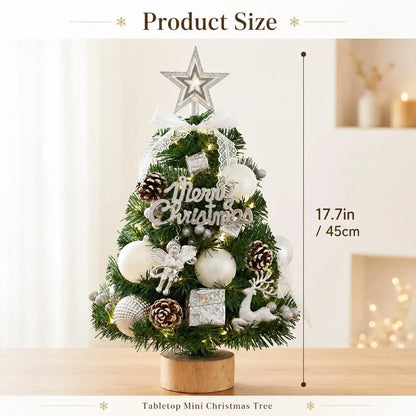 Pre‑Decorated Pink Flocked Tabletop Mini Christmas Tree with LED Lights, Bow, Baubles & Ornaments, Small Artificial Snowy Christmas Tree, 13.8in (35cm) /17.7in (45cm), for Tabletop, Desk, Home Holiday Party Decoration