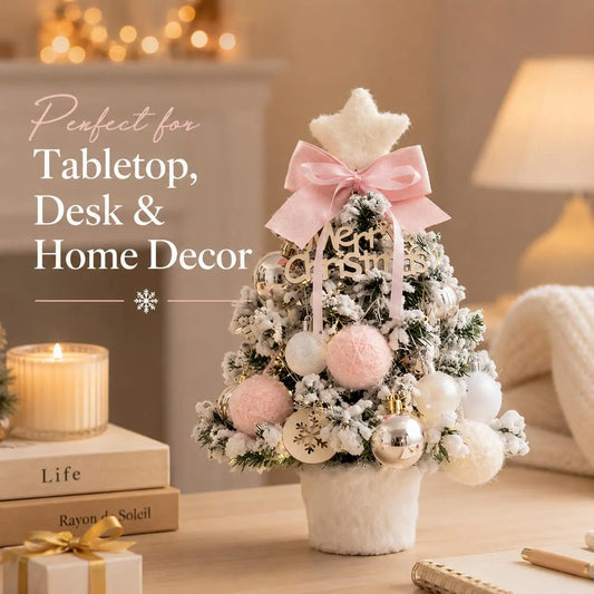 Pre‑Decorated Pink Flocked Tabletop Mini Christmas Tree with LED Lights, Bow, Baubles & Ornaments, Small Artificial Snowy Christmas Tree, 13.8in (35cm) /17.7in (45cm), for Tabletop, Desk, Home Holiday Party Decoration