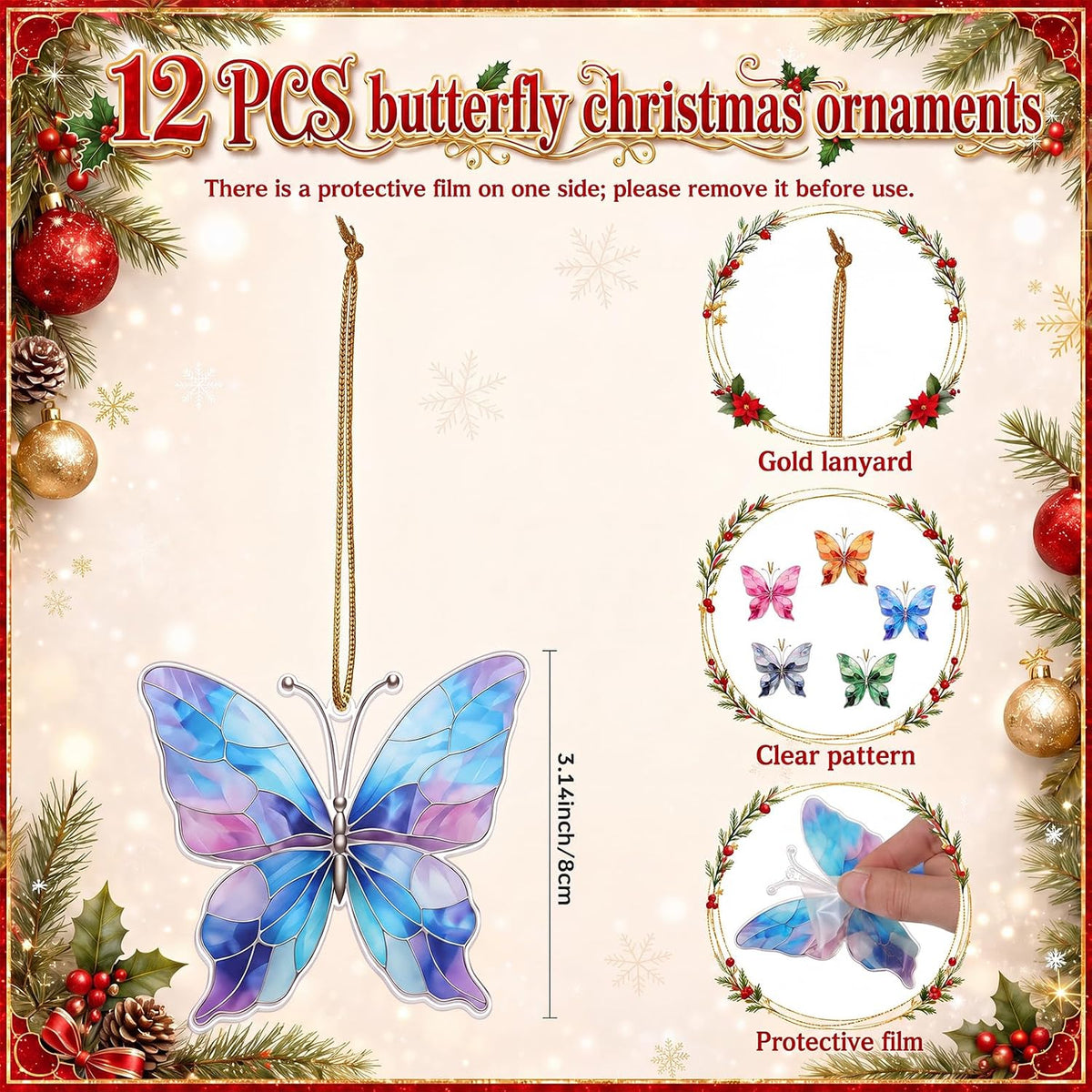 Fuutreo 12 Pcs Stained Glass Butterfly Ornament with String, Butterfly