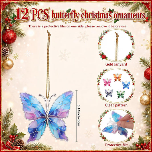 Fuutreo 12 Pcs Stained Glass Butterfly Ornament with String, Butterfly