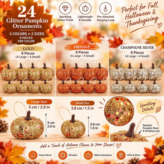 Syhood 24 Pcs Mini Pumpkin Hanging Balls Thanksgiving Fall Tree Ornaments