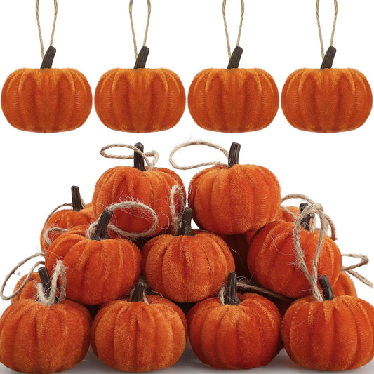 16 PCS Fall Thanksgiving Pumpkin Hanging Ornaments Orange Velvet Fabric Pumpkin Hanging Small Tree Ornaments 2.2" Fabric Pumpkins Ball Tree Decorations for Fall Home Farmhouse Harvest Party Decor