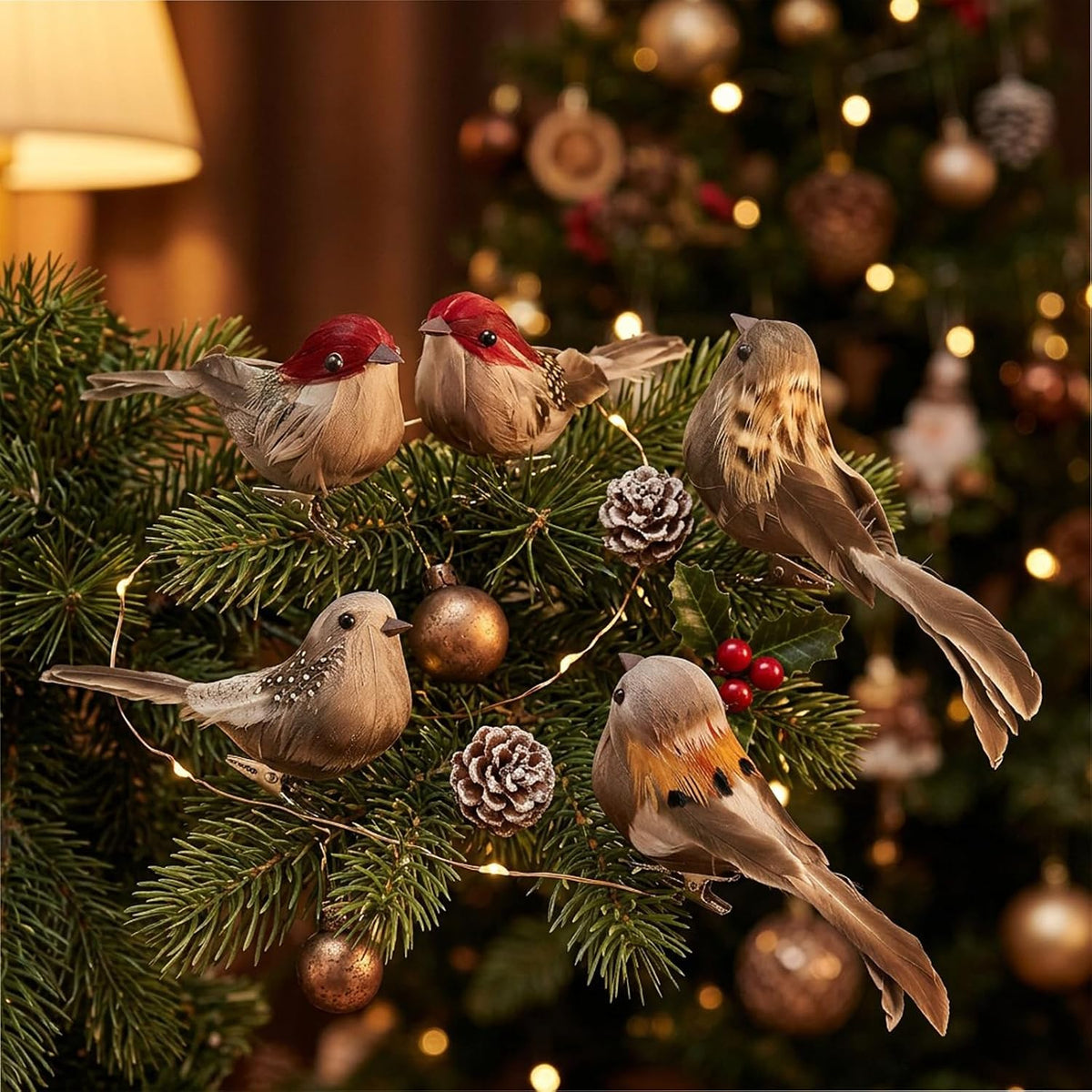 12 Pack Clip-on Artificial Feather Birds - Realistic Fake Sparrow Ornaments for Christmas Tree Wreath Yard Patio Garden Home Decor