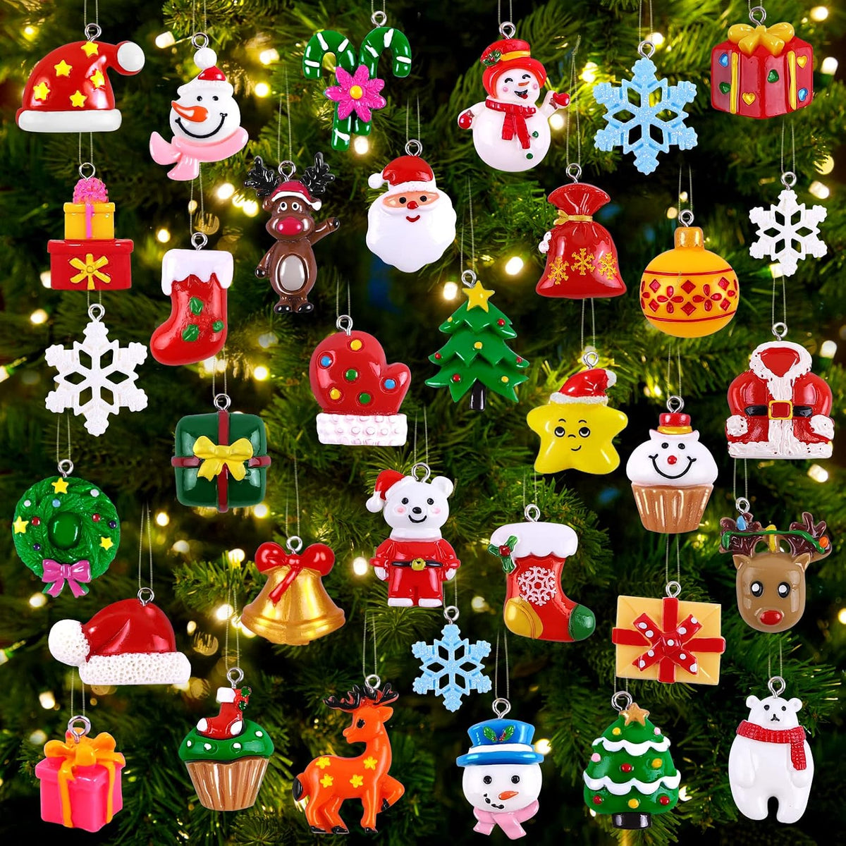 JOICEE 40PCS Mini Christmas Tree Hanging Ornaments Tiny Resin Decorations