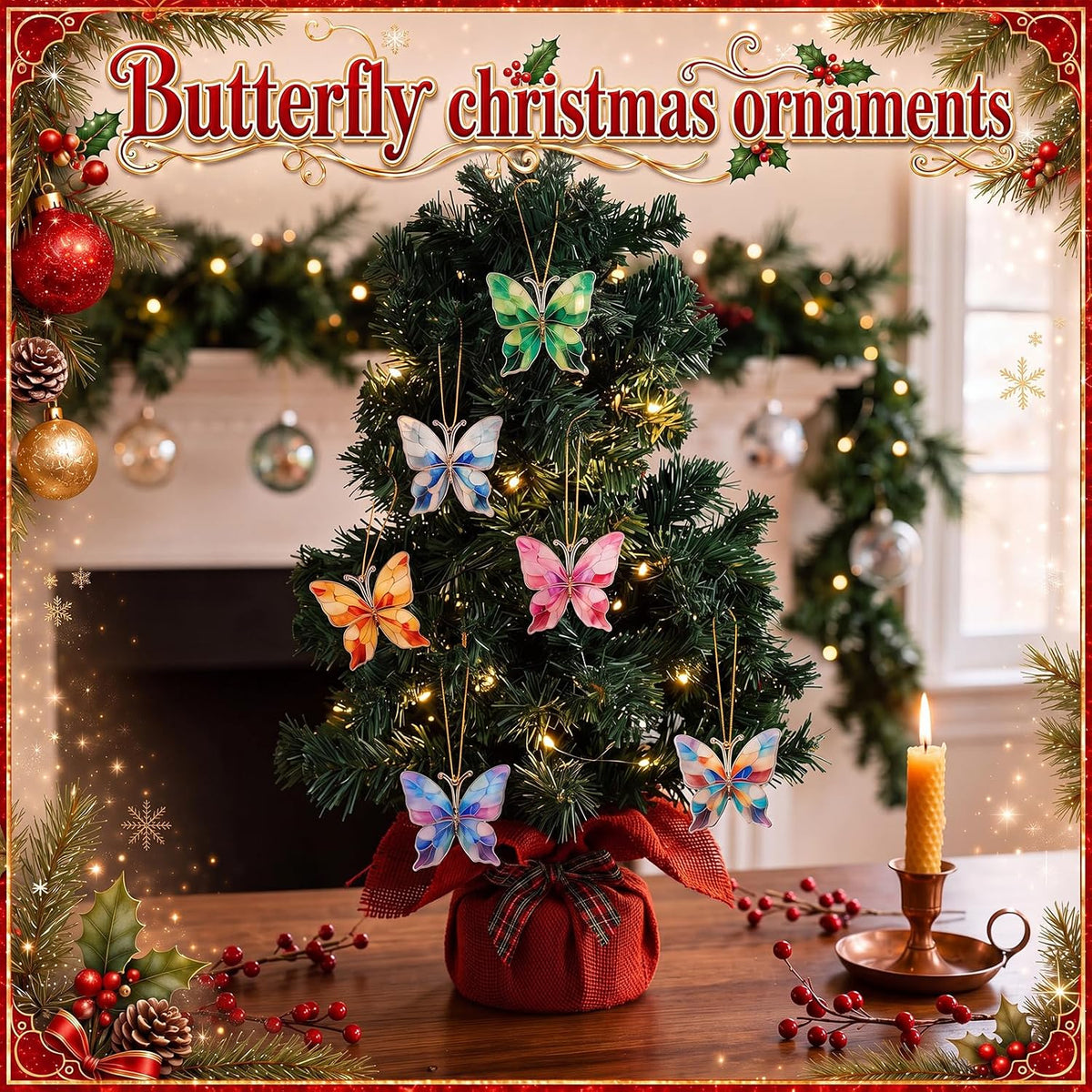 Fuutreo 12 Pcs Stained Glass Butterfly Ornament with String, Butterfly