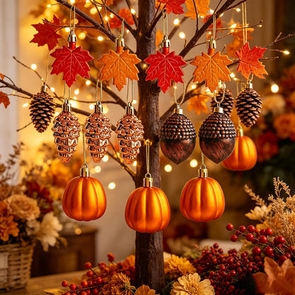 12 PCS Fall Tree Decorations Ornaments, 3D Plastic Fall Ornaments for Tree Pumpkin Leaves Pinecone Acorn Home Holiday Party Decor