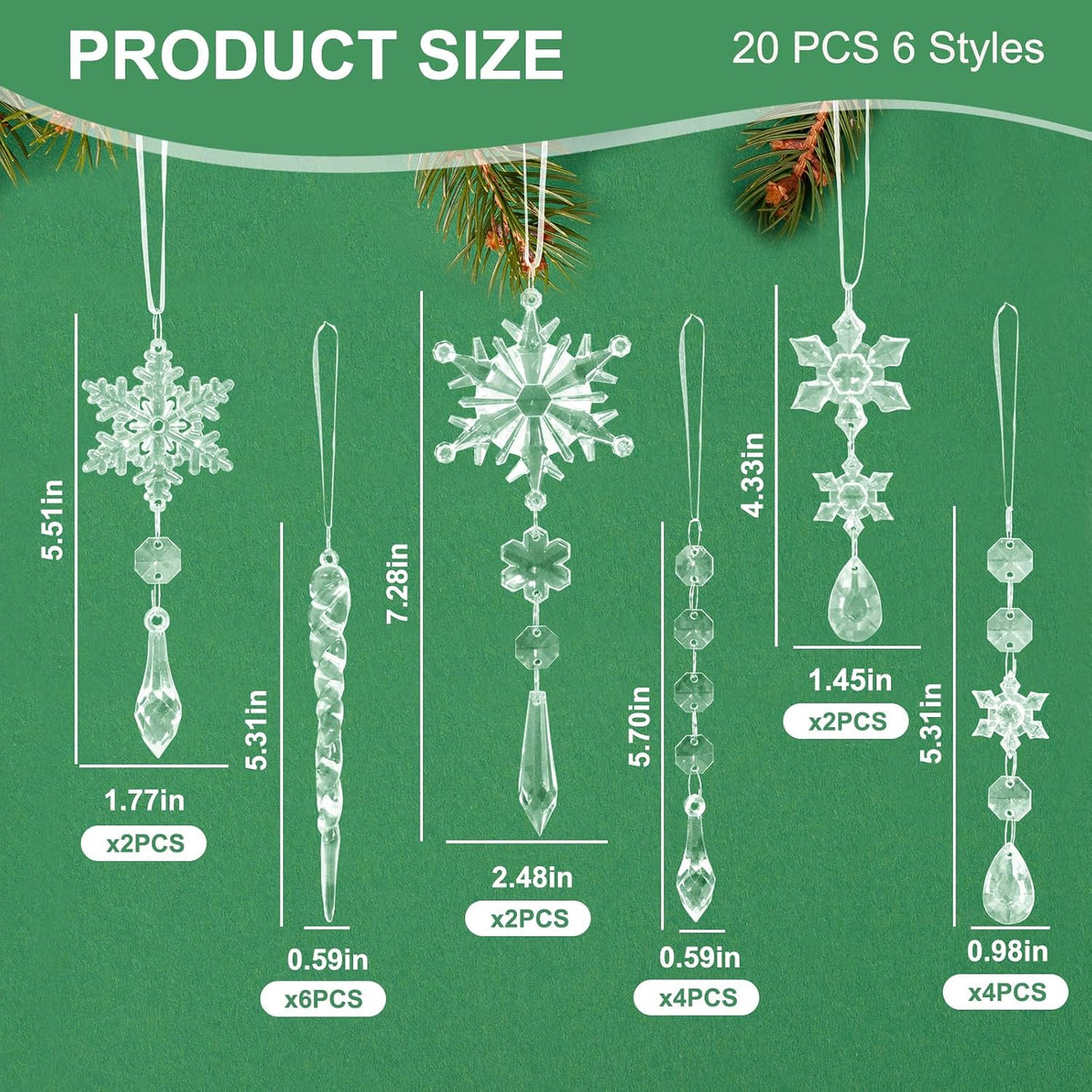 20PCS Christmas Tree Ornaments Acrylic Snowflake Icicle Crystal Ornaments