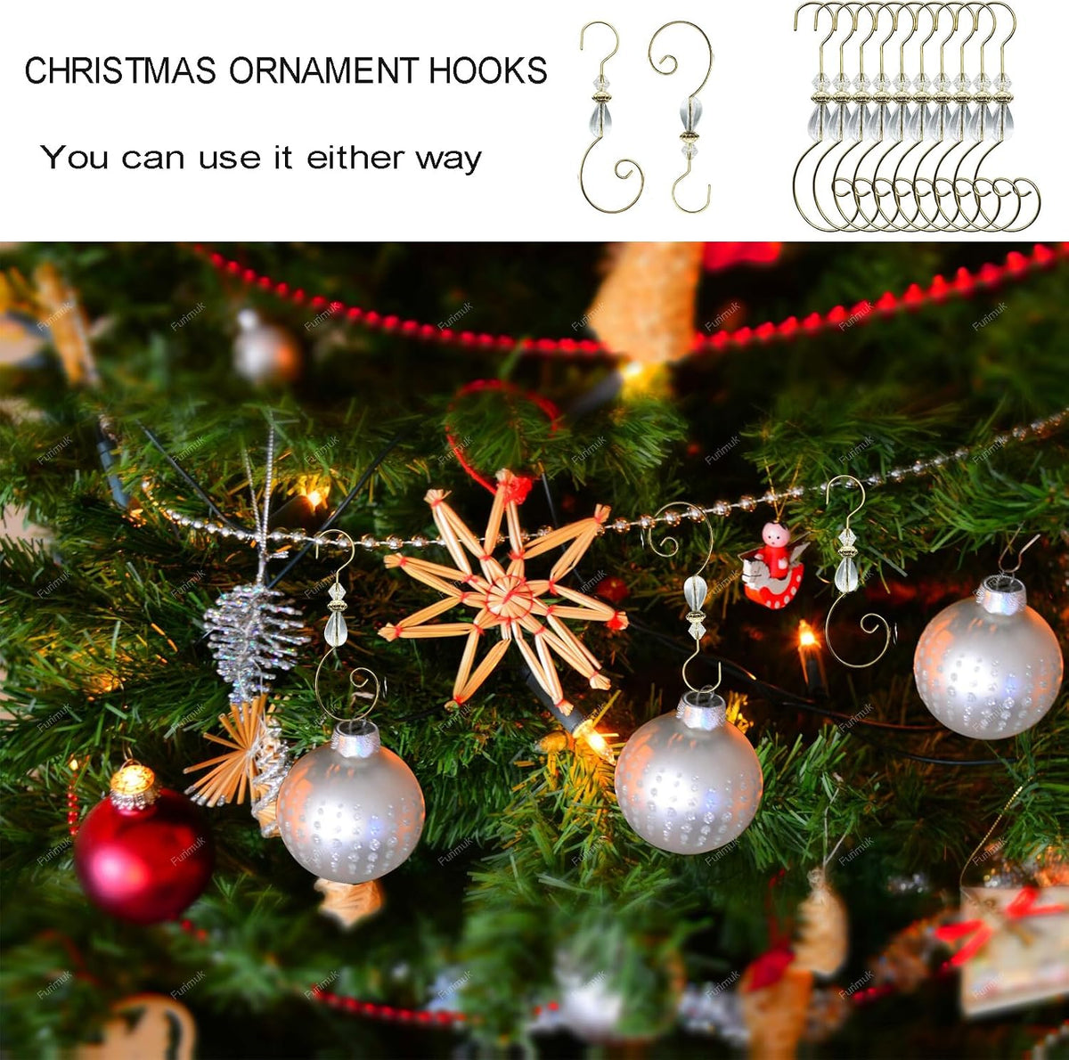 Furimuk 20 Pcs Christmas Ornament Hooks Beaded Hangers with Clear Acrylic Wire Gold S-Shaped Hangers Hook Swirl Hanger Metal Hooks with Crystal Beaded for Crafts Xmas Tree Decoration