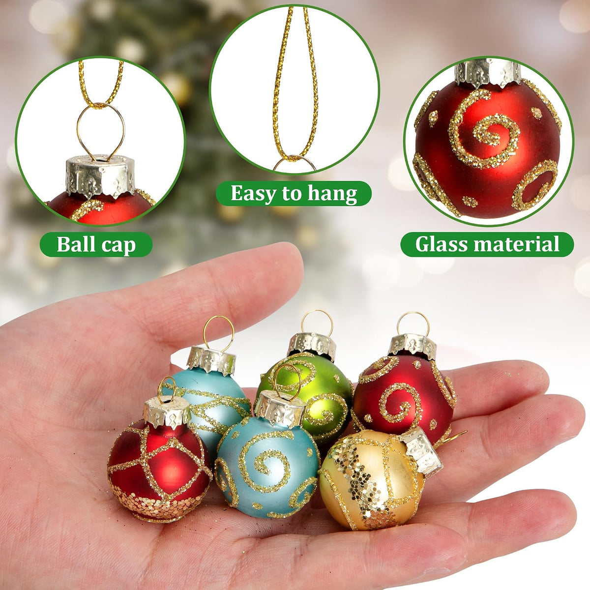 24 Pcs Christmas Mini Glass Ball Ornaments, Mini Glitter Xmas Hanging Balls