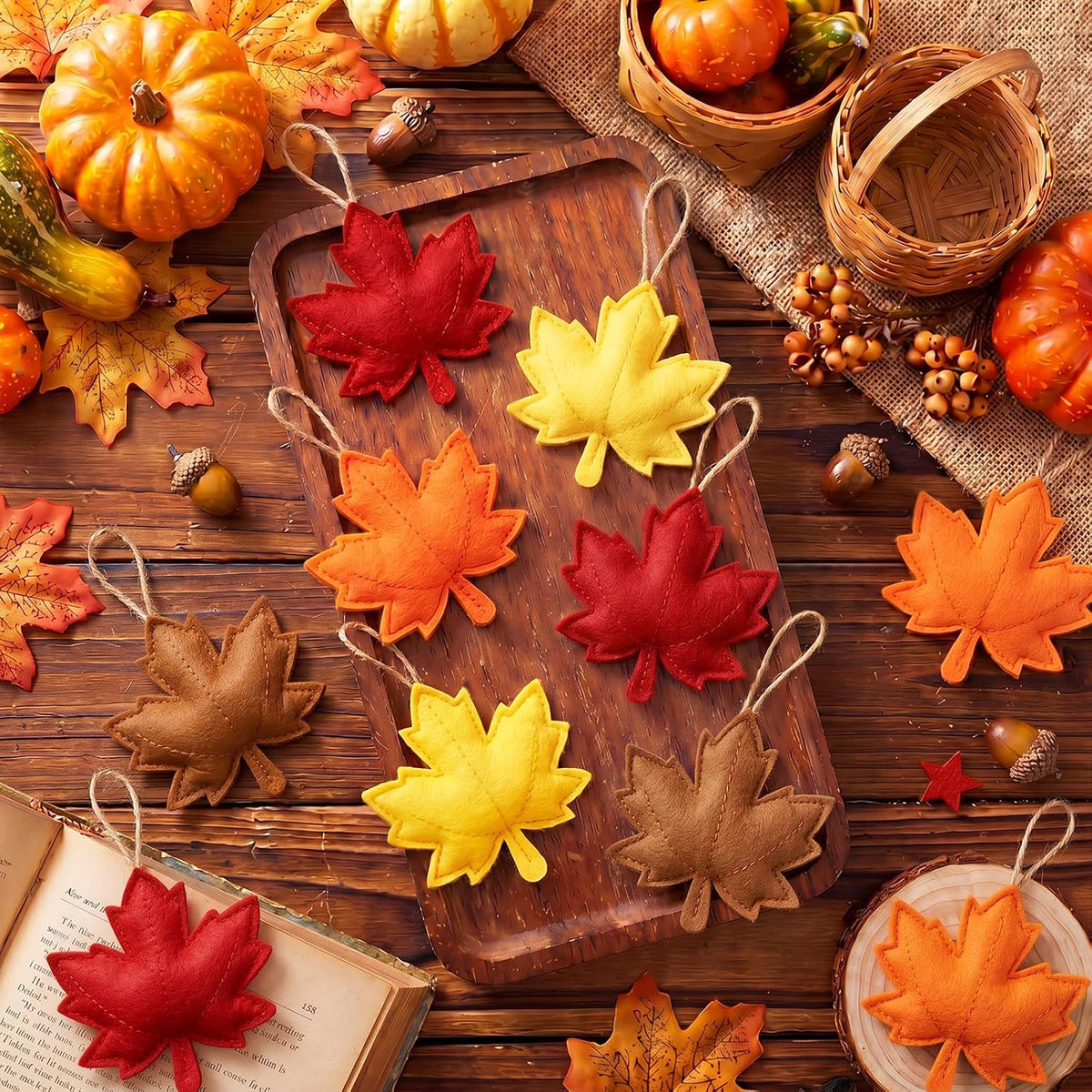 HunnmingRe 24 Pcs Fall Ornaments 3D Felt Maple Leaf Ornaments 3.15 Inch