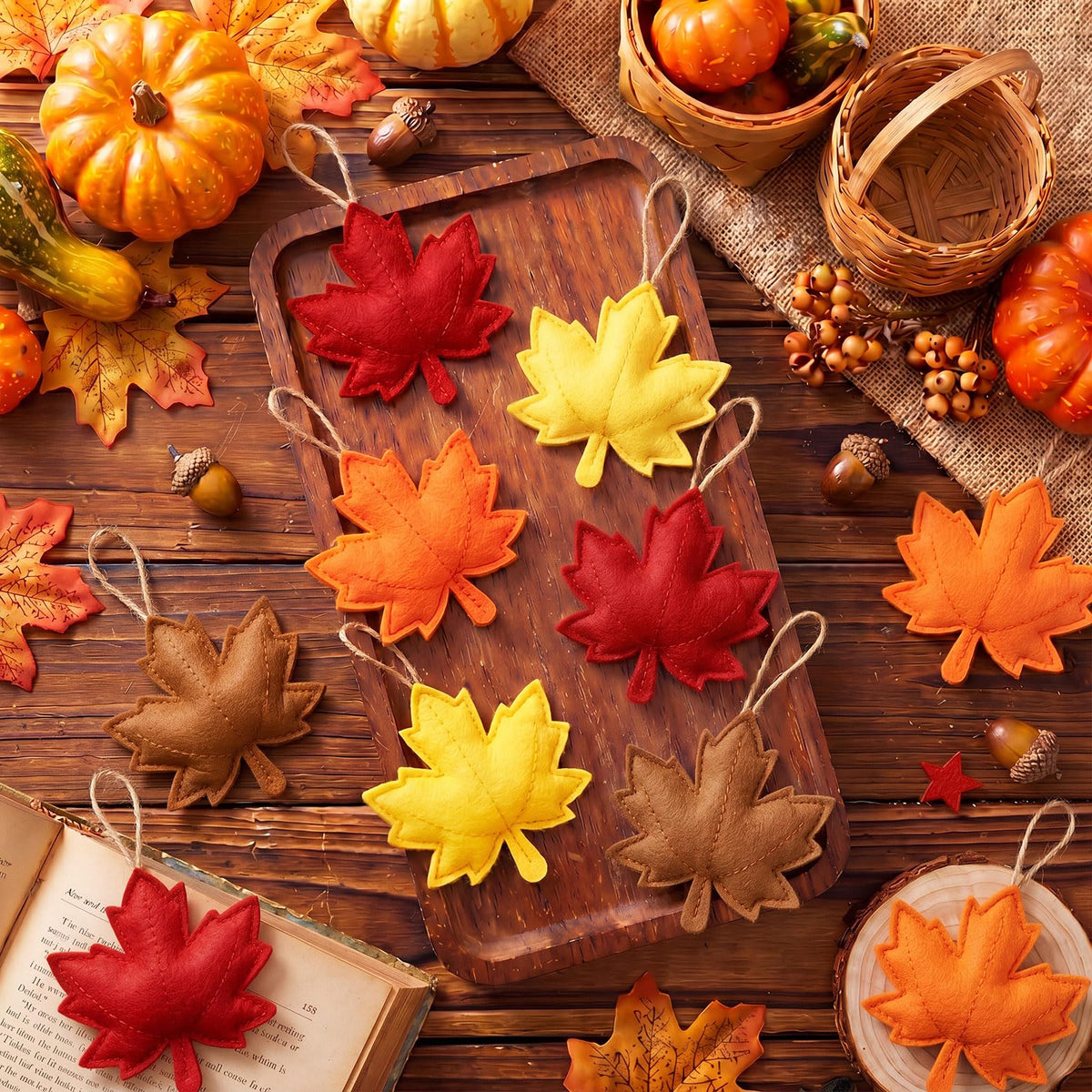 HunnmingRe 24 Pcs Fall Ornaments 3D Felt Maple Leaf Ornaments 3.15 Inch