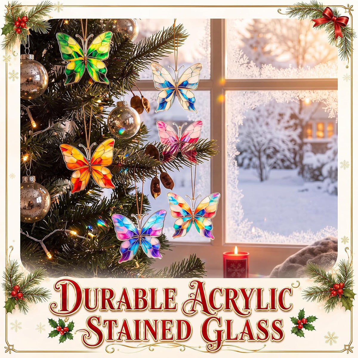 Fuutreo 12 Pcs Stained Glass Butterfly Ornament with String, Butterfly