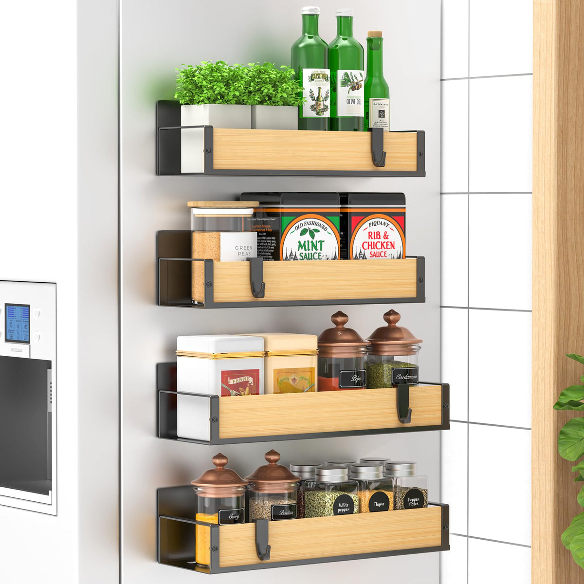 HuggieGems Metal Magnetic Spice Rack for Refrigerator Black, 4 Pack