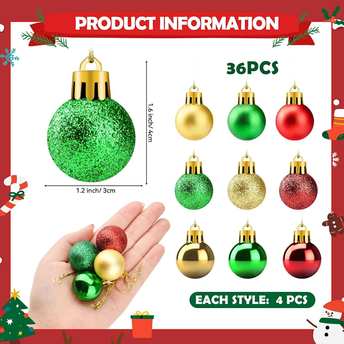 36Pcs Mini Shatterproof Christmas Balls, 3cm/1.18inch Mini Christmas Baubles Red Green Gold Plastic Ball Ornament for Christmas Tree Ornaments Party Decoration (Red and Green and Gold)