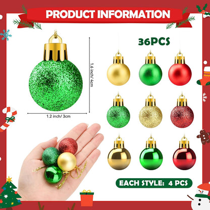 36Pcs Mini Shatterproof Christmas Balls, 3cm/1.18inch Mini Christmas Baubles Red Green Gold Plastic Ball Ornament for Christmas Tree Ornaments Party Decoration (Red and Green and Gold)