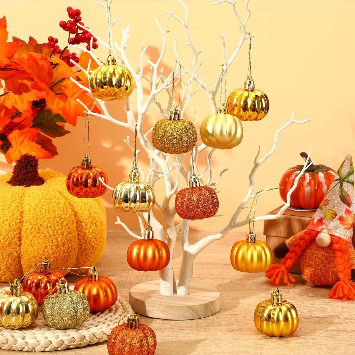 JULMELON 24 Pcs Fall Pumpkin Tree Ornaments 3D Cute Hanging Decorations