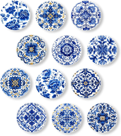 12Pcs Refrigerator Magnets Blue and White Glass Mini Strong Fridge Magnets Aesthetic Magnets for Office,School,Whiteboards,Cabinets-Blue Flower