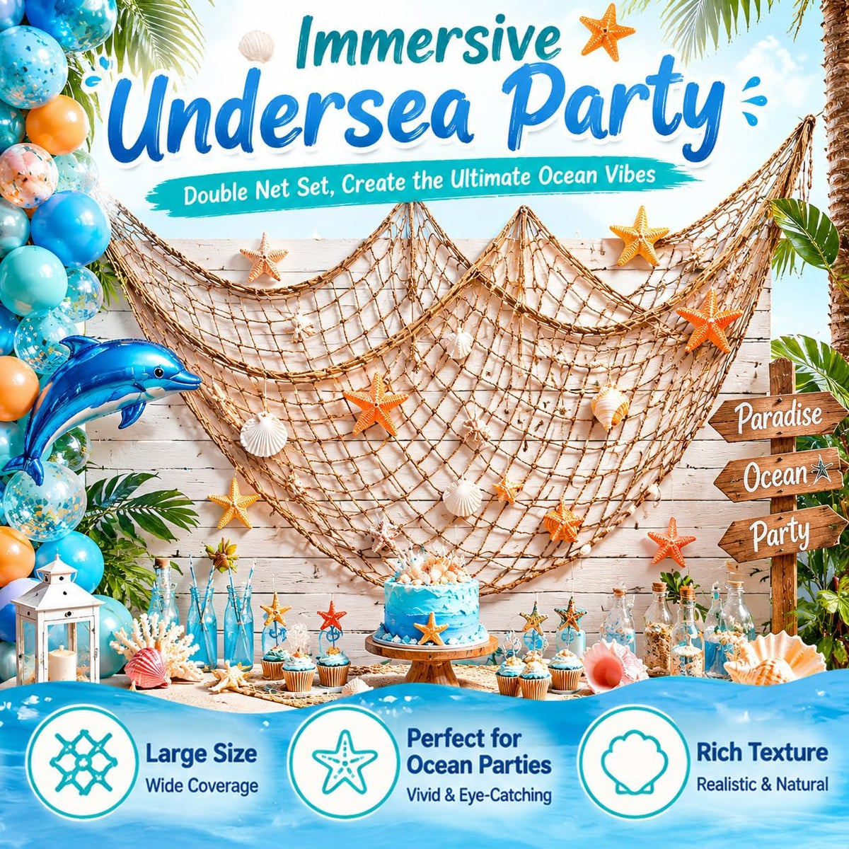 2 Pack Fish Net Decorations for Party, Natural Cotton Hawaiian Table Runner Party Fishing Net Decorative, Nautical Themed Cotton Fishnet Under The Sea Pirate Ocean Beach Decor