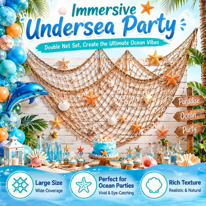 2 Pack Fish Net Decorations for Party, Natural Cotton Hawaiian Table Runner Party Fishing Net Decorative, Nautical Themed Cotton Fishnet Under The Sea Pirate Ocean Beach Decor