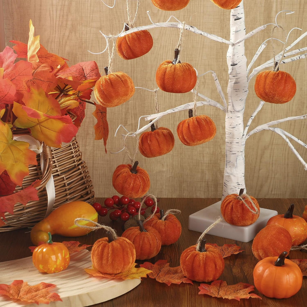 16 PCS Fall Thanksgiving Pumpkin Hanging Ornaments Orange Velvet Fabric Pumpkin Hanging Small Tree Ornaments 2.2" Fabric Pumpkins Ball Tree Decorations for Fall Home Farmhouse Harvest Party Decor