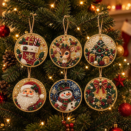 6PCS Christmas Ornaments DIY Pearl Diamond Art Kits,Hanging Diamond Art Christmas Ornaments Set with Pearls & Jute Twine, for Holiday Window Christmas Tree Home Decoration,Multicolor 01