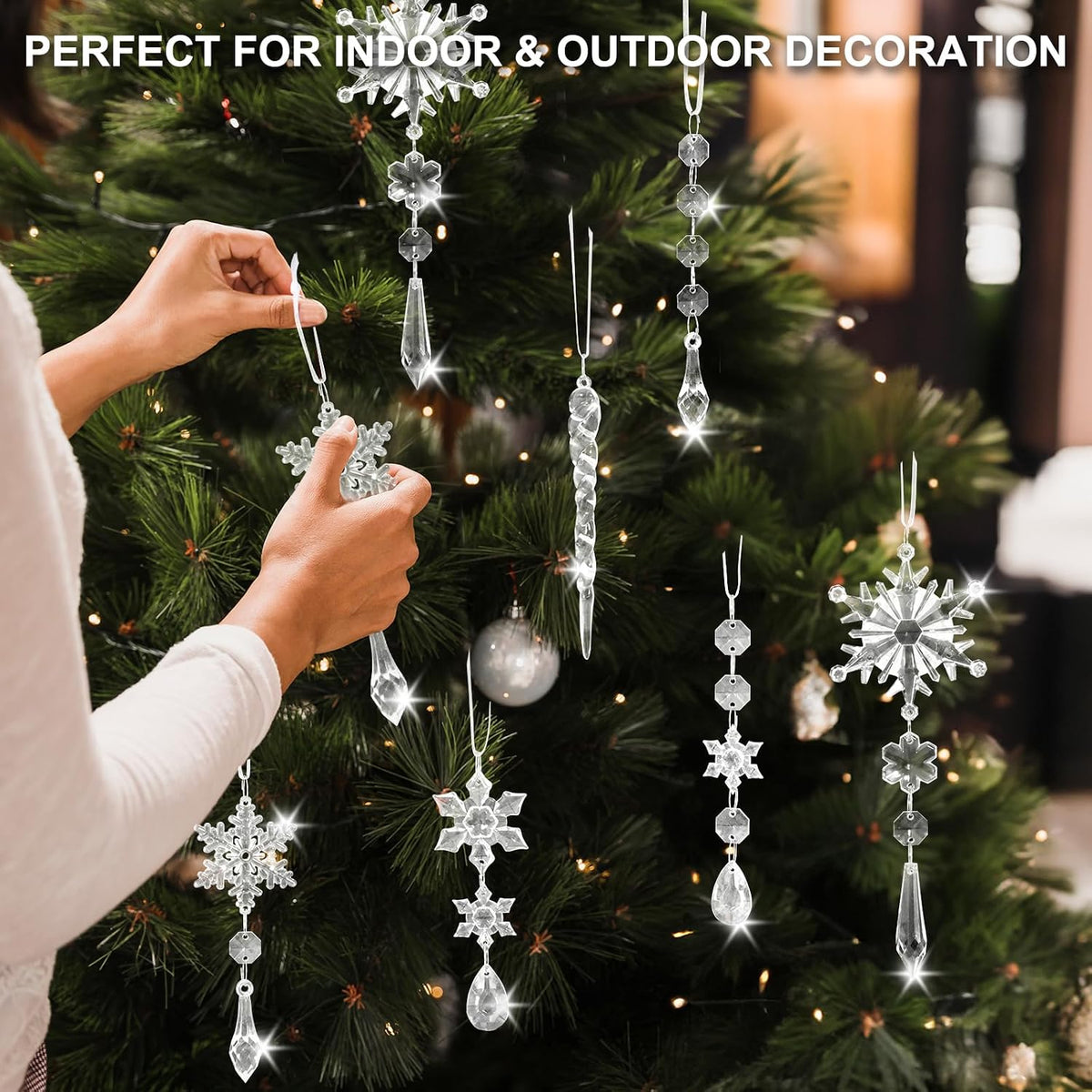 20PCS Christmas Tree Ornaments Acrylic Snowflake Icicle Crystal Ornaments