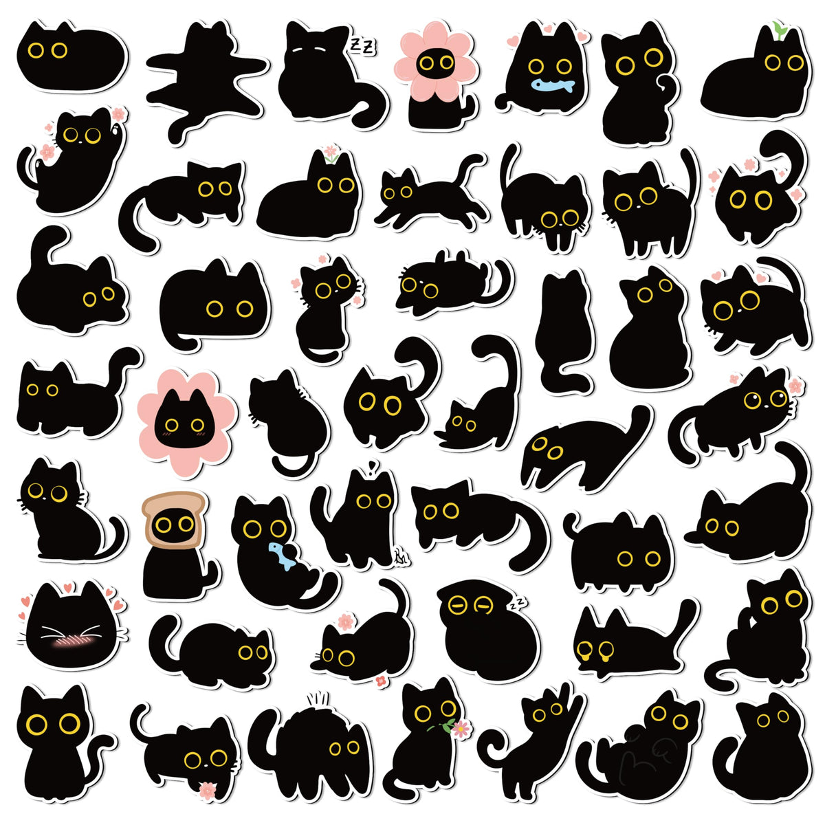 MALLMALL6 24Pcs Cute Black Cat Fridge Magnets, Novelty Gift for Cat Lover, Spring Refrigerator Magnetic Sticker Decor Accessories with Flower Bread Fish for Home Kitchen Office Locker Mailbox Door